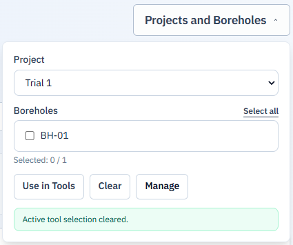 Projects and Boreholes: after Clear, manual entry