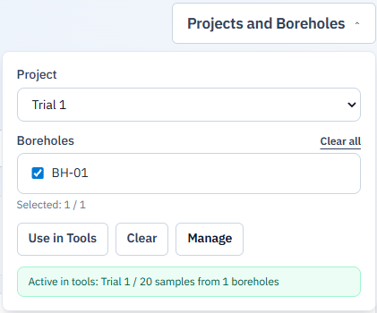 Projects and Boreholes: Use in Tools with active selection