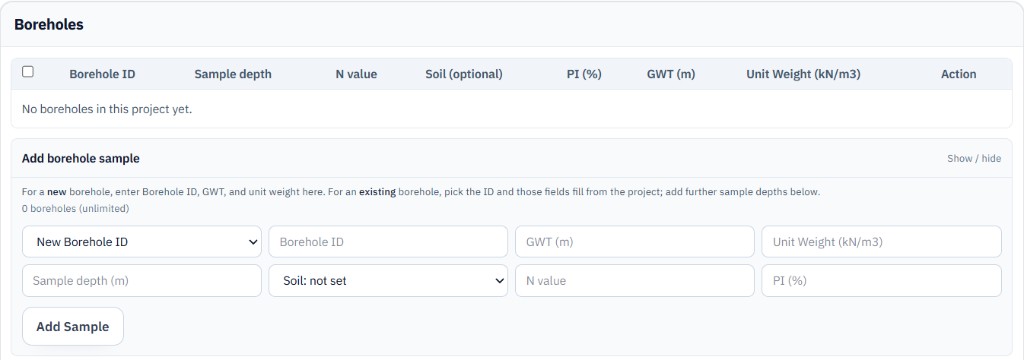 Boreholes: data table and Add borehole sample form