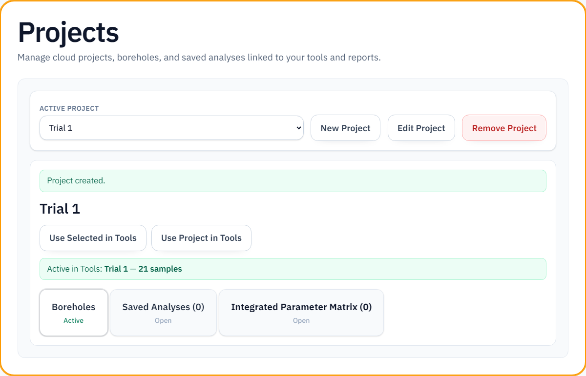 Projects: selected project with Boreholes, Saved analyses, and parameter matrix cards