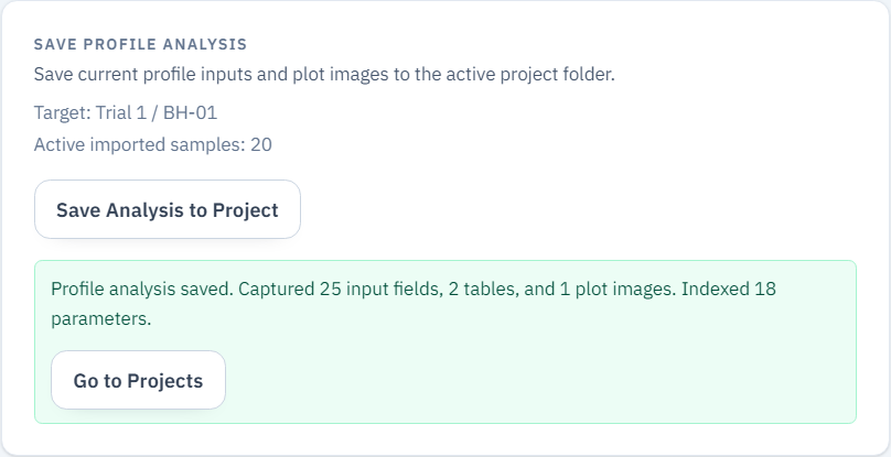 Save Profile Analysis panel with success summary