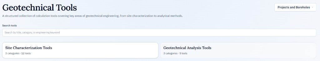 Geotechnical Tools page header with Projects and Boreholes control