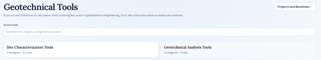 Geotechnical Tools landing: two category cards